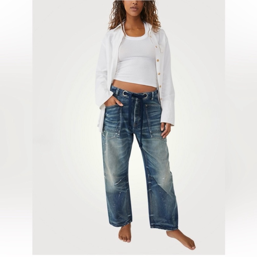 Free People - We the Free Moxie pull-on barrel jeans tags have been removed.